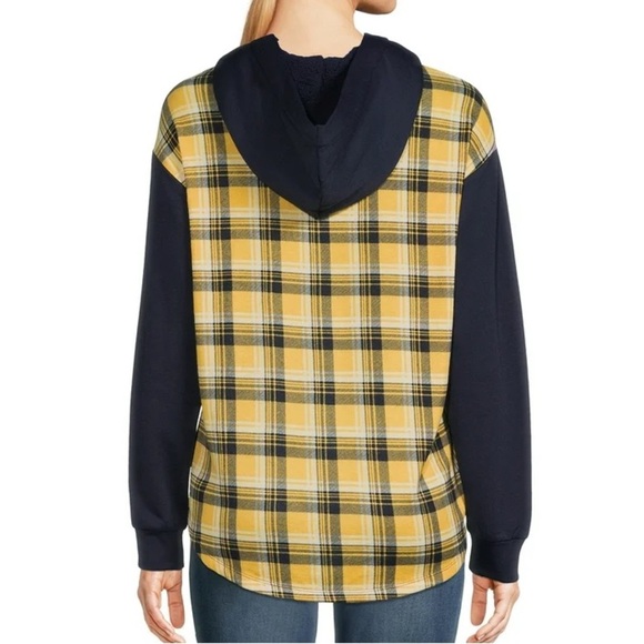 Mik Mesh Plaid Button Down Faux Sherpa Hoodie in Yellow Navy Blue Size 3XL - Picture 9 of 16
